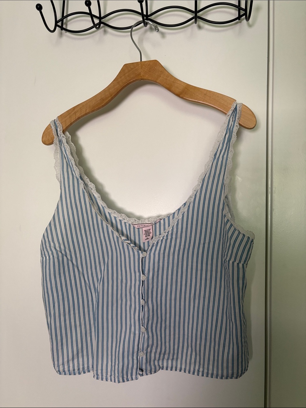 Y2K Victoria's Secret Blue and White Striped Lace-Trim Tank